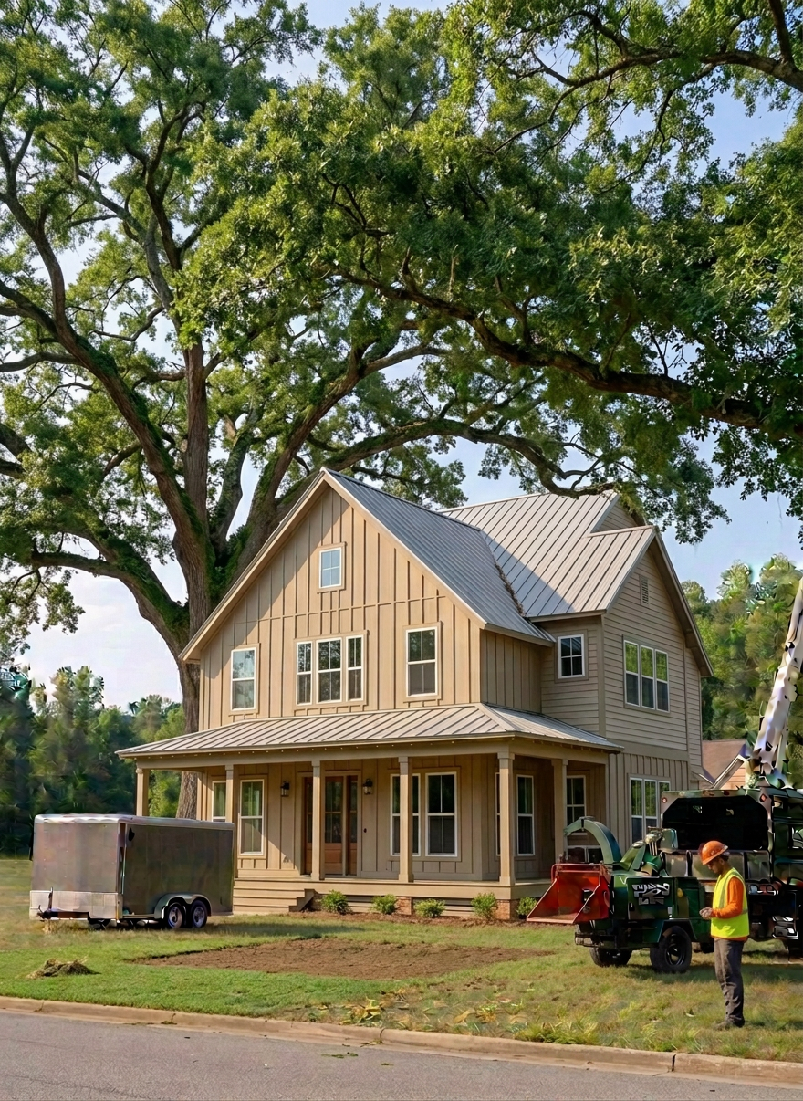 Workers in safety gear trimming a large tree with a bucket lift and gathering branches