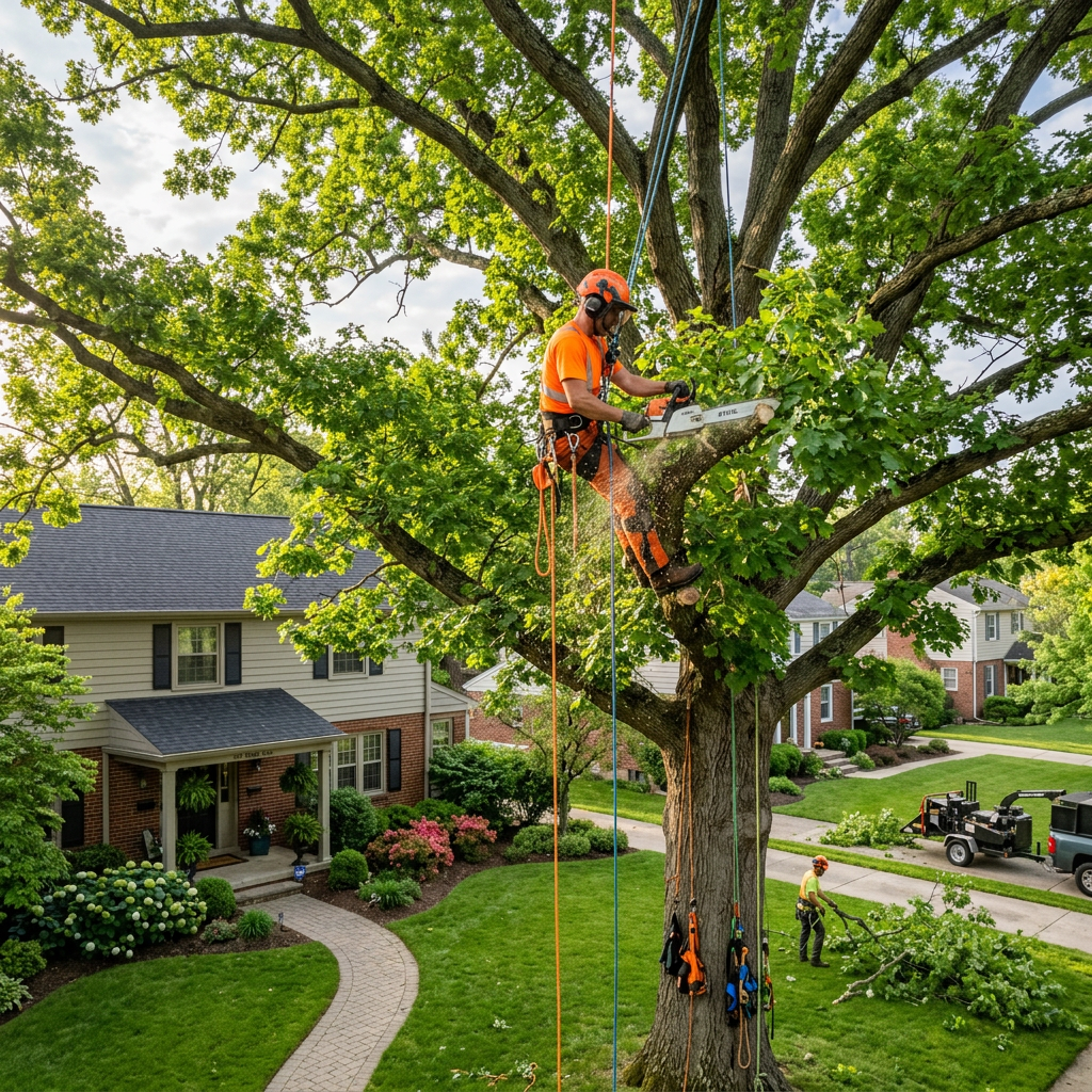 Arborist cutting tree branches with chainsaw while suspended with safety harness in front of house