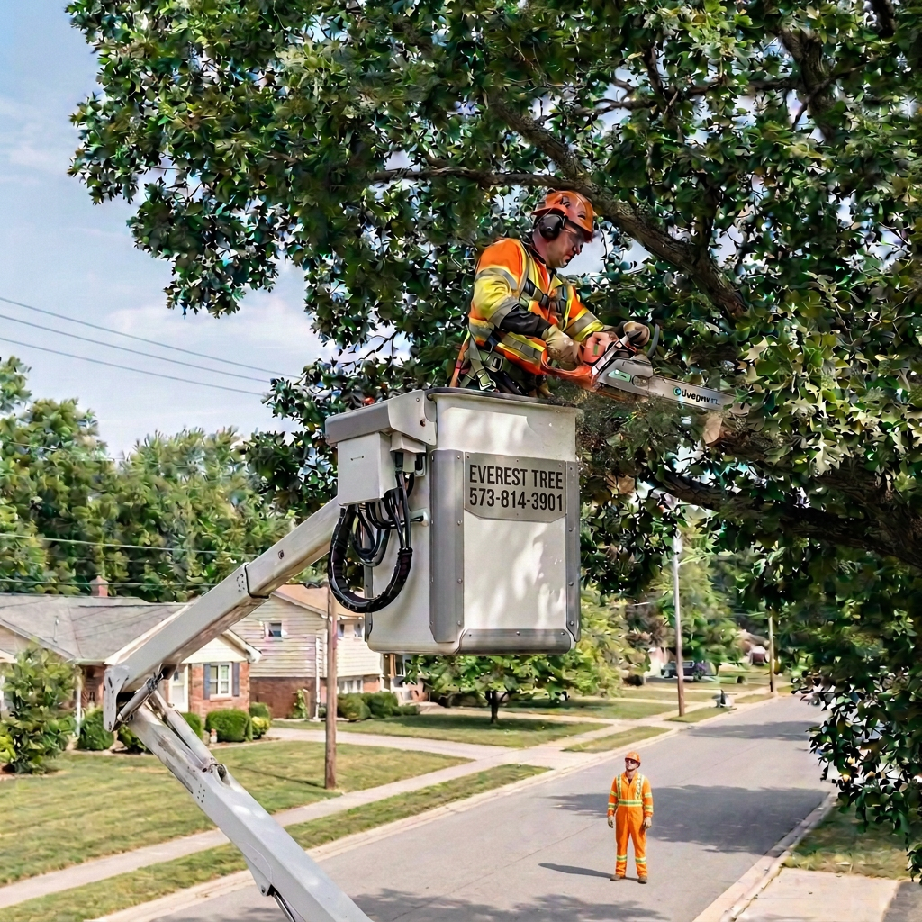 Worker in orange bucket lift cutting tree branches with chainsaw